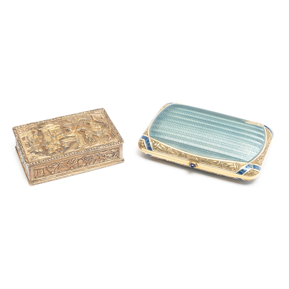 Two Small Boxes Including Guilloche: Two Small Boxes Including Guilloche. Comprising early 20th century blue guilloche and gilt metal cigarette case, chinoiserie gilt metal pill box with relief decoration. {Approximate dimensions: Case 3