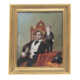 Framed Miniature Painting P T Barnum and Tom Thumb