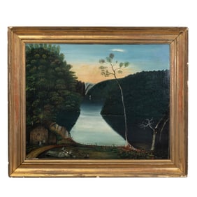 Framed Antique Painting on Canvas, Lake Scene.
