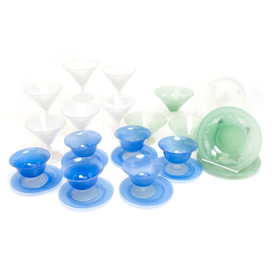 Collection of Fry Foval Glass: Collection of Fry Foval Glass. Comprising six blue glass fruit bowls on white stems with six underplates, three etched green glass fruit bowls with three matching saucers, six white glass cocktail gla