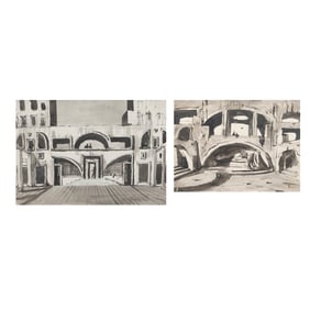 Two Framed Ink Wash Architectural Landscapes