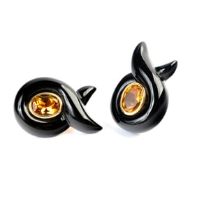 Pair of Verdura Milan Citrine, Onyx, 18k Gold Ear Clips