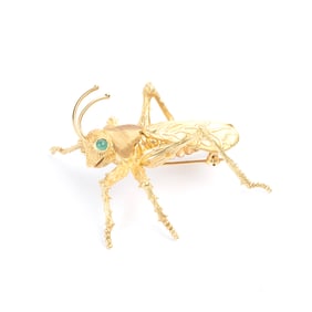 Kurt Wayne Chrysoprase, 18k Gold Grasshopper Brooch.