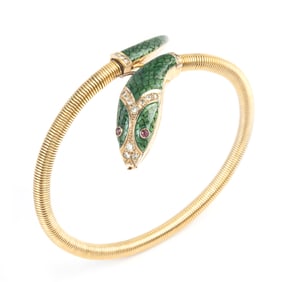 Russian Enamel, Diamond, Ruby, 14k Gold Snake Bracelet.