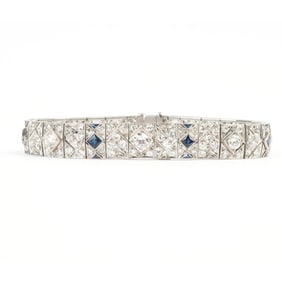Art Deco Diamond, Synthetic Sapphire, Platinum Bracelet