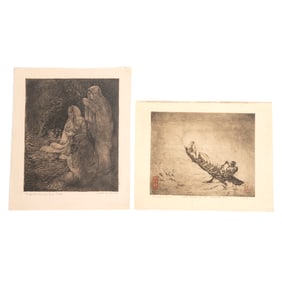 Mukul Dey, Ganga River and Anna Purna, two etchings