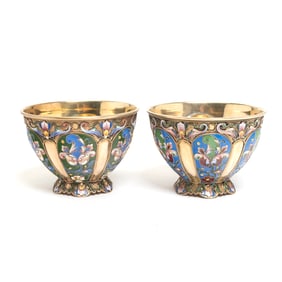 Two P. Ovchinnikov Vermeil Silver and Enamel Cups