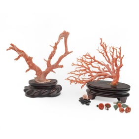 Two Carved Chinese Coral Trees on Wooden Bases, etc.