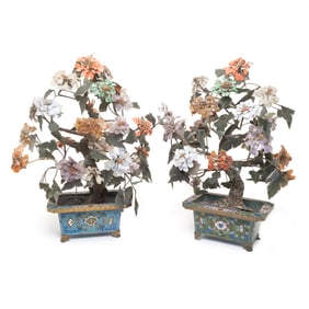 Two Chinese Hardstone Trees in Cloisonne Jardinieres
