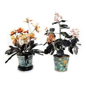 Two Chinese Hardstone Tree in Cloisonne Jardinieres