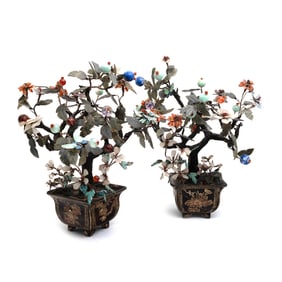 Pair Jade/Hardstone Floral Trees in Wooden Jardinieres