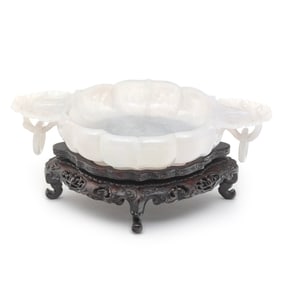 A Chinese Semi-Translucent Carved Jade Washer with Base