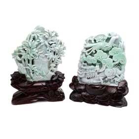 Two Chinese Jadeite Carvings on Carved Wooden Bases