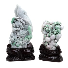 Two Large Chinese Jadeite Carvings on Wooden Stands