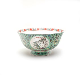Chinese Green Ground Famille Rose Floral Roundels Bowl