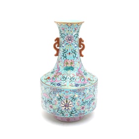 A Turquoise Blue Ground Famille Rose Porcelain Vase