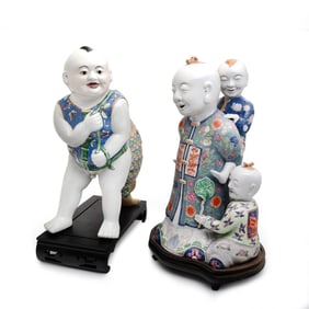 Two Large Famille Rose Porcelain Boy Group