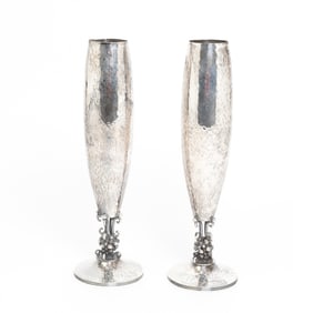 Pair of Avanti Hammered Mexican Sterling Silver Vases