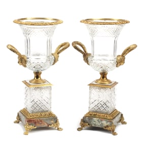 Pair of Baccarat Style Crystal Urns with Bronze Mounts