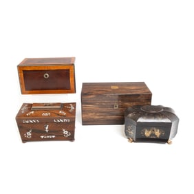 Four Antique Tea Caddies Including Farthing & Thornhill