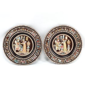 Pair of Egyptian Style Inlaid and Painted Wood Chargers