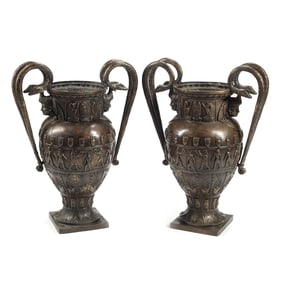 Pair of Grand Tour Style Patinated Bronze Urns