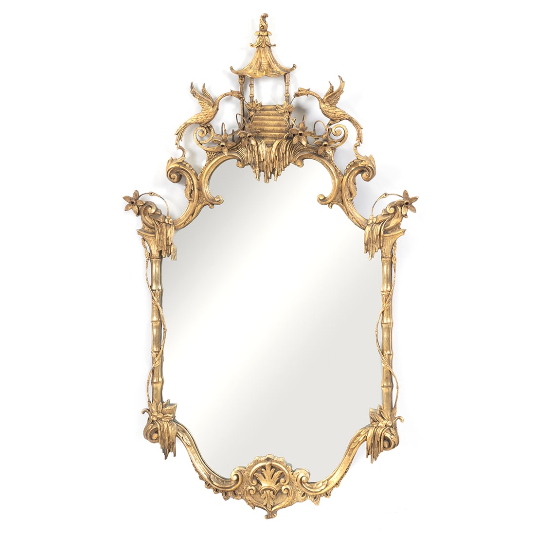 Chippendale Style Giltwood Wall Mirror: Chippendale Style Giltwood Wall Mirror. {Approximate dimensions: 49" high x 28 1/4" wide.}. Condition: Some patina and wear to gilt. Repair to top piece. Some cracking to narrow areas.