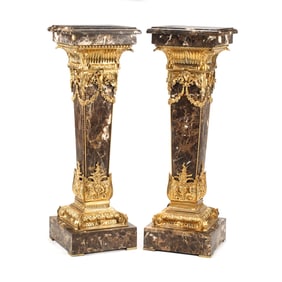 Pair Regency Style Dore Bronze Mounted Marble Pedestals