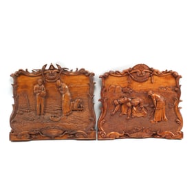 Pair of French Realism Style Carved Wood Relief Panels