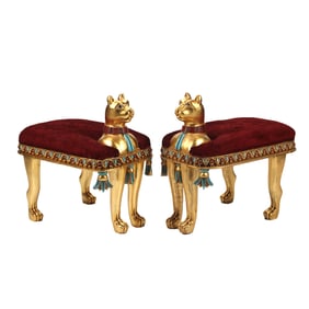 Pair Egyptian Style Carved Giltwood Cat Figural Benches
