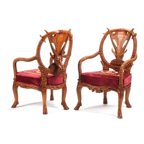 Pair of Carved Antelope Motif Open Armchairs