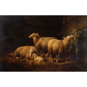 Eugene Remy Maes, Sheep in Barn, oil