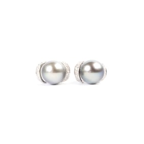 Pair of Cultured Pearl, Diamond, 14k Gold Earrings.