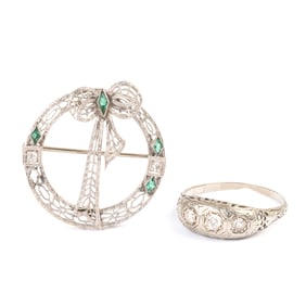 Vintage Diamond, Green Glass, 14k Gold Jewelry Suite.