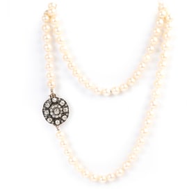 Cultured Pearl, Diamond, Silver-Top, Gold Necklace.