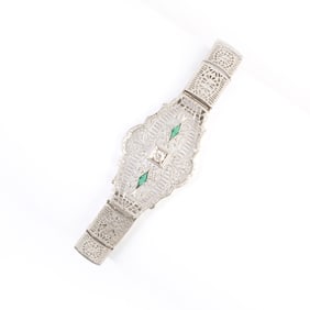 Art Deco Diamond, Green Glass, 14k White Gold Bracelet.
