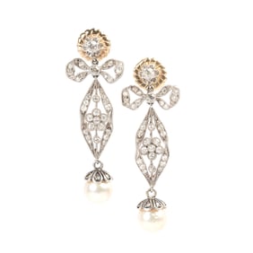 Pair of Cultured Pearl, Diamond, Platinum Drop Earrings