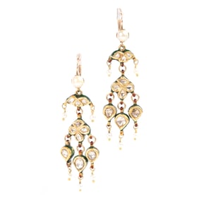 Pair of Indian Mughal Style Enamel Earrings.