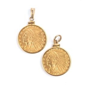 Two U.S. Gold Coin, 14k Yellow Gold Pendants.