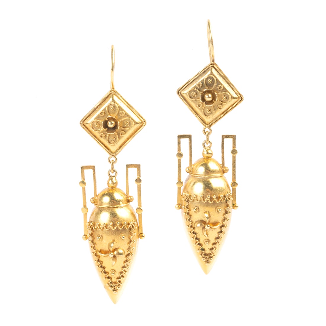 Pair of Victorian 15k Yellow Gold Urn Form Earrings.: Pair of Victorian 15k Yellow Gold Urn Form Earrings. The 15k yellow gold urn form earrings featuring granulation motifs and measuring approximately 63 x 16 mm._x000B_ {Gross Weight: 6.9 dwts}