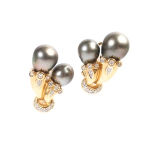 Tahitian Cultured Pearl, Diamond, 18k Gold Earrings.