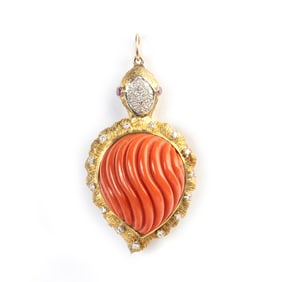 *Coral, Diamond, Ruby, 14k Yellow Gold Turtle Pendant.