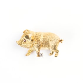 Diamond, Ruby, 18k Yellow Gold Pig Brooch.