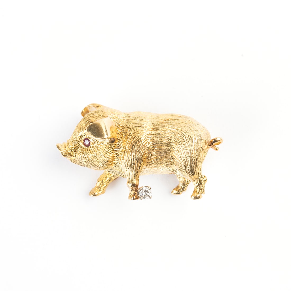 Diamond, Ruby, 18k Yellow Gold Pig Brooch. (1 of 3)