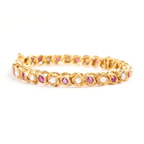 Cultured Pearl, Ruby, 22k Yellow Gold Bracelet.