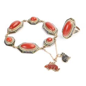 *Coral, Seed Pearl, Enamel, 14k Gold Jewelry Suite.