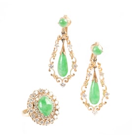 Jadeite Jade, Diamond, 14k Yellow Gold Jewelry Suite.