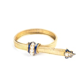Victorian Half Pearl, Enamel, 18k Yellow Gold Bracelet.