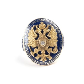 Diamond, Blue Enamel, 14k Yellow Gold Ring.