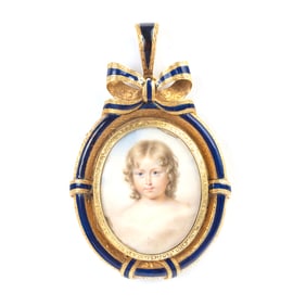 Painted Portrait Miniature, Enamel, 14k Gold Pendant.